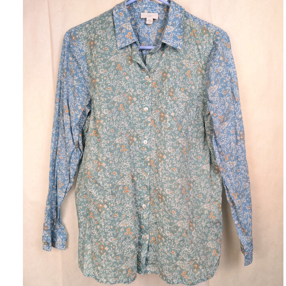 J. Jill floral contrast sleeve cotton button up shirt Size Sm Green Ditzy Dainty